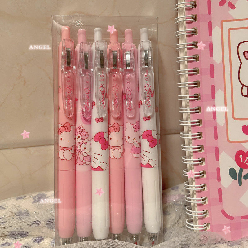 4Psc ชุด Sanrio Hello Kitty ปากกาหมึกเจลหญิงเครื่องเขียนจำนวนมากกดปากกา Kawaii สีชมพูนักเรียนทุ่มเทปากกาอุปกรณ์โรงเรียน