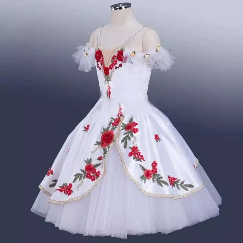 エクサーダンスのロマンチックなチュチュ,白いパッド入りの花のパターン,女の子のためのロングドレス,パフォーマンスコンペティションの衣装,チュチュ