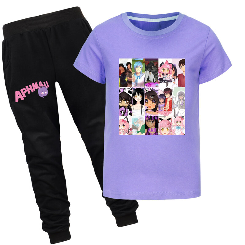 CAT APHMAU 코스튬 아동복, 유아 소녀 아론 리칸 의류, 십대 소년 반팔 티셔츠 및 바지, 2 개 세트, 2024 여름