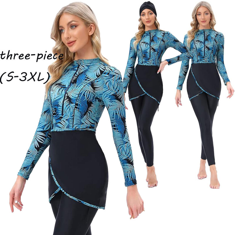 Three Piece Leaf Pattern Solid Colour Long Sleeve Long Trunk Full Wrap Conservative Beach Surf Sunscreen Swimsuit Tight