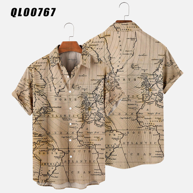 Camisas hawaianas con estampado 3d de mapa para hombres y mujeres, Camisa informal con solapa de vacaciones, Camisa de playa de verano, blusa de viaje informal