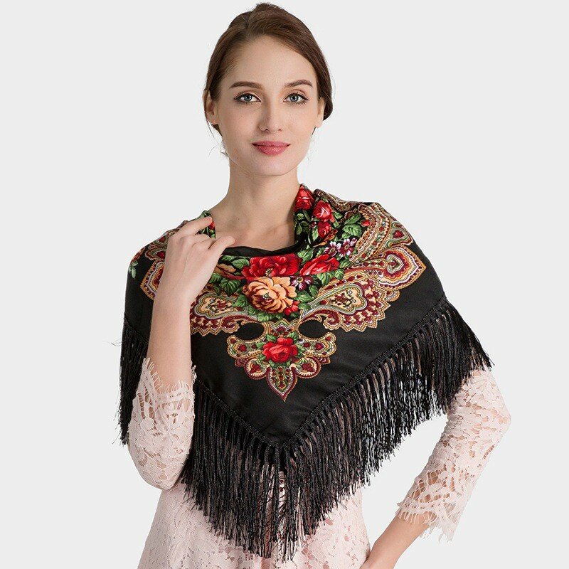 90*90cm Enthic Style Russian Women's Square Scarf Shawl Retro National Fringed Print Scarves Winter Ladies Head Wraps Hijab