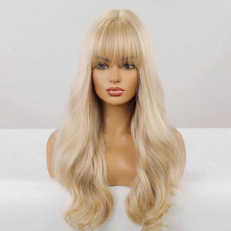 Długa blondynka naturalna falista maszyna wykonana syntetyczna peruka z Bang peruka damska bez kaptura peruki