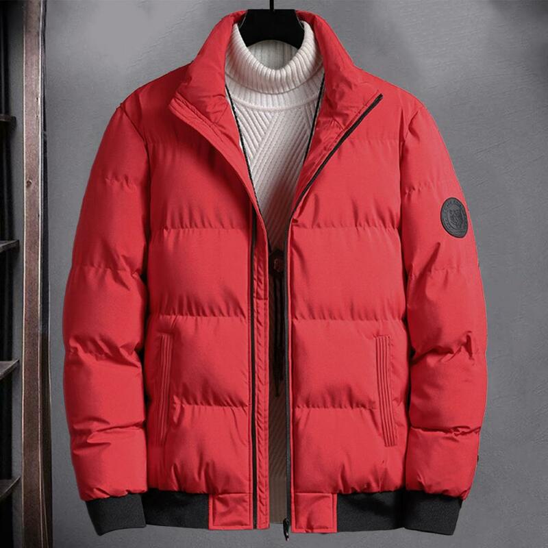 Jaqueta puffer quente masculina, zíper completo, gola alta, bolsos, casaco de algodão grosso, casacos casuais de trabalho, inverno