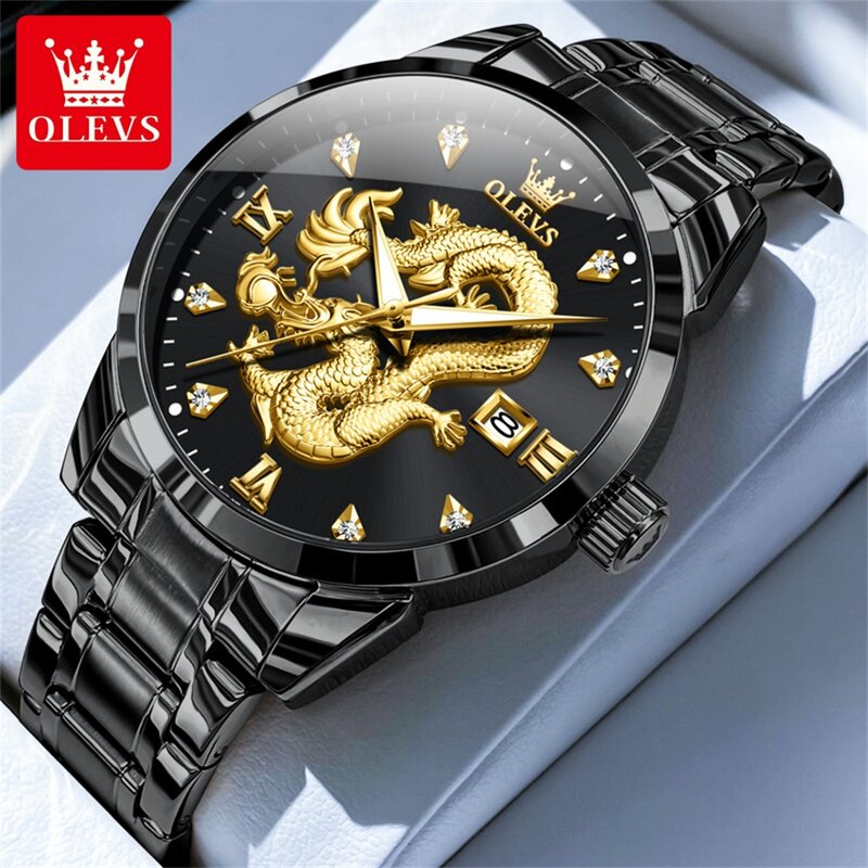 男性用olevs防水クォーツ時計、トップメンズ腕時計、ステンレススチールストラップ、高級ファッション、ドラゴン、カレンダー、オリジナル、新品