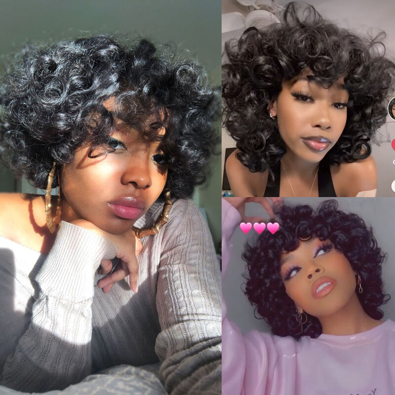Short Curly Bob Wig Human Hair With Bangs Wear And Go Glueless Bouncy Curly Human Hair Wigs Machine Made Afro Wigs for Women