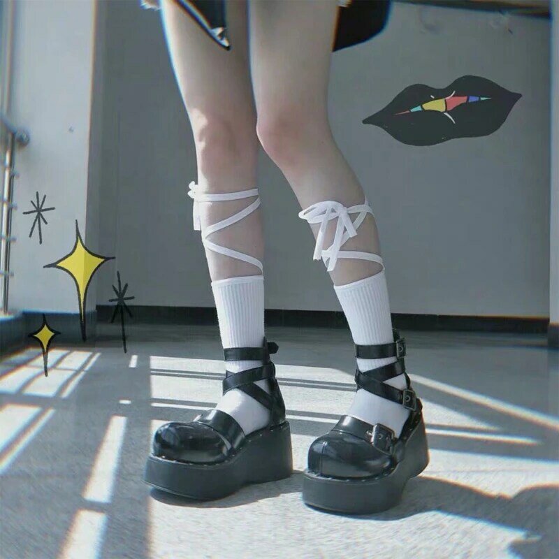 Японские Женские круглые носки в рубчик с перекрестным бантом, со шнуровкой, в стиле Харадзюку, с буквенным принтом, черные, Белые Повседневные уличные средние Носки в стиле "Лолита"