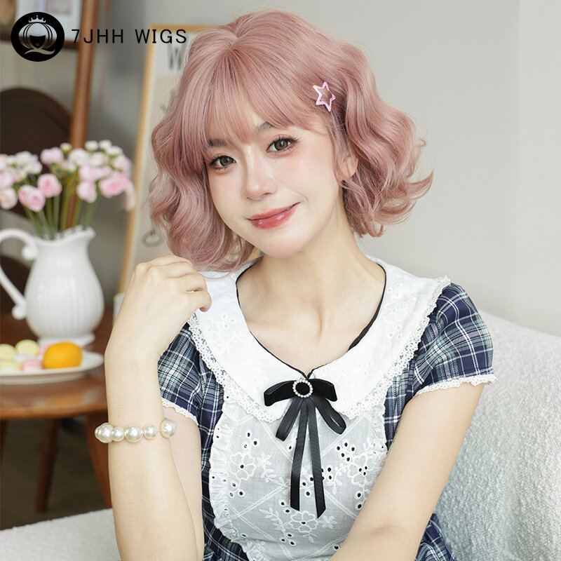 7JHH WIGS Lolita Wig Synthetic Short Wavy Pink Bob Wig for Sweet Girl High Density Loose Costume Wigs with Fluffy Bangs Glueless