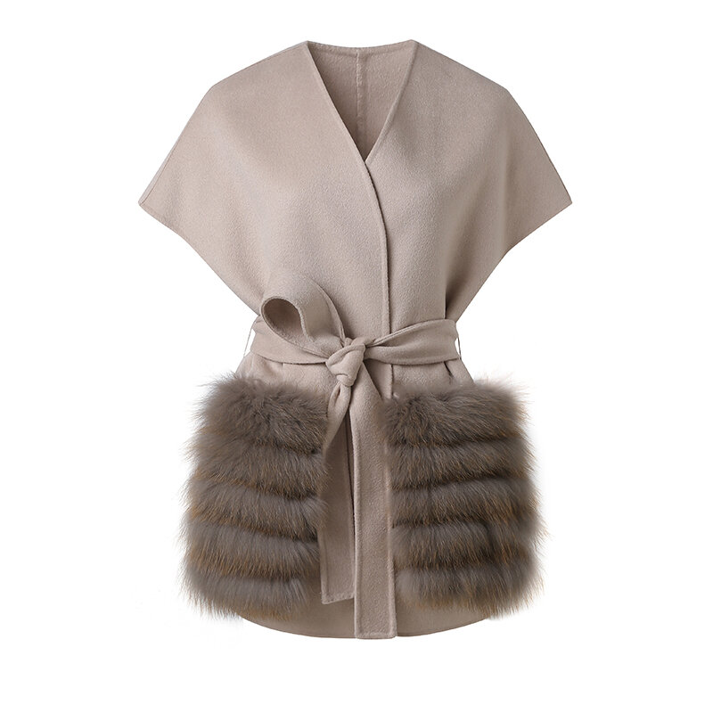 Spring Autumn Real Cashmere Vest With Fox Fur Pocket Wool Waistcoat Women Fashion Sleeveless Fur Pocket Gilet Streetwear