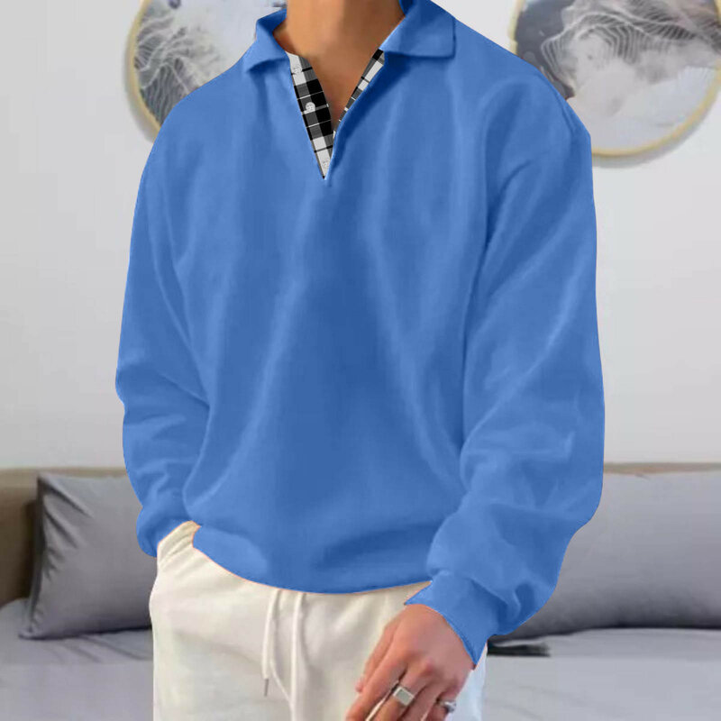 Camisa polo manga comprida masculina, gola virada para baixo, patchwork, polos casual, tops masculinos, moletom pulôver, roupas da moda, outono