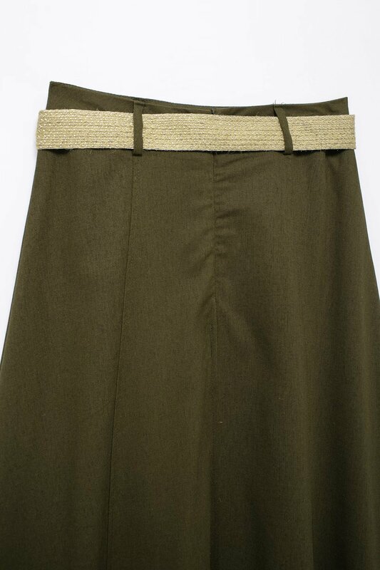 Falda Midi con cinturón para Mujer, falda holgada de lino mezclado, estilo Retro, cintura alta, cremallera, nueva moda elegante