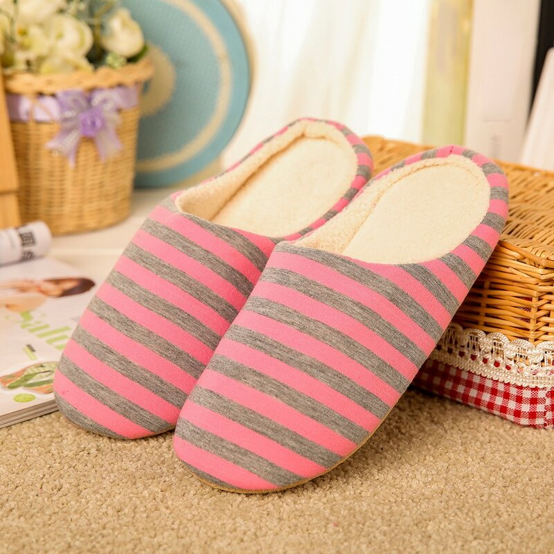 Women House Shoes 2023 Soft Striped Indoor Mute Cotton Slippers Non-Slip Slippers Warm Plush Unisex Comfort Home Floor Slipper