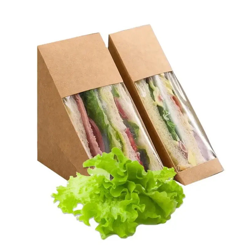 Produk kustom kemasan kotak Sandwich kotak kemasan Sandwich Kraft Biodegradable paket Sandwich sekali pakai alami/cokelat
