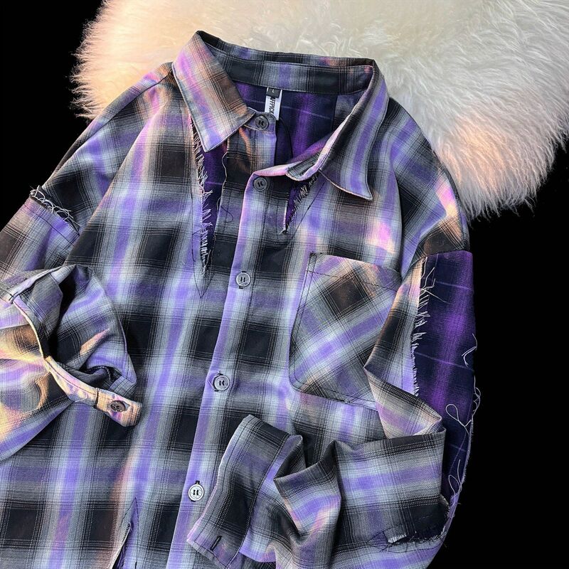 Camisa xadrez roxa retrô americana para casais, tops casuais, moletons da rua, streetwear da moda, 2023