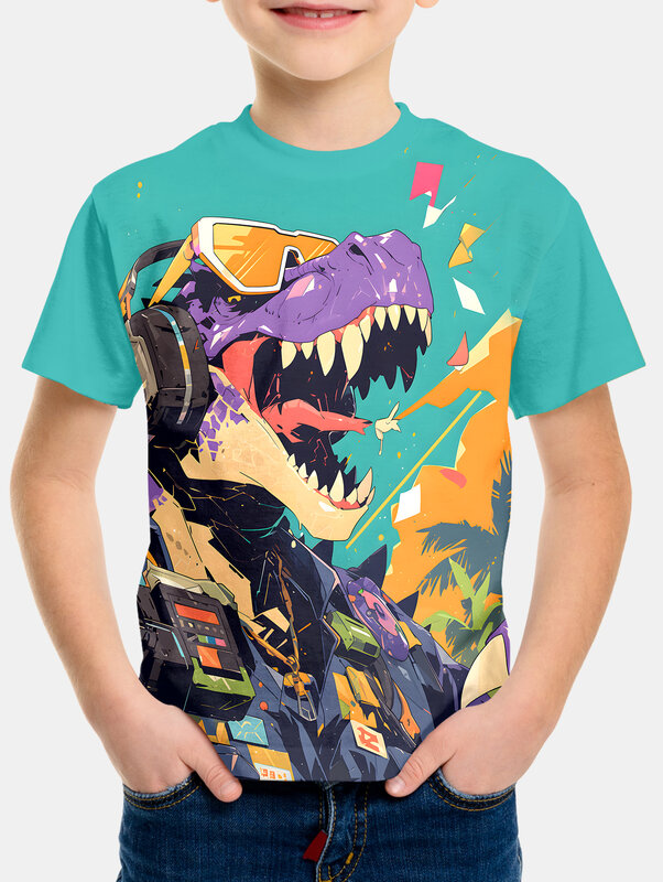 Homens e Mulheres 3D Tyrannosaurus Impresso T-Shirt, Dinossauro Feroz, Camisa Gráfica, Roupa Engraçada para Crianças, Cool Designs Tops
