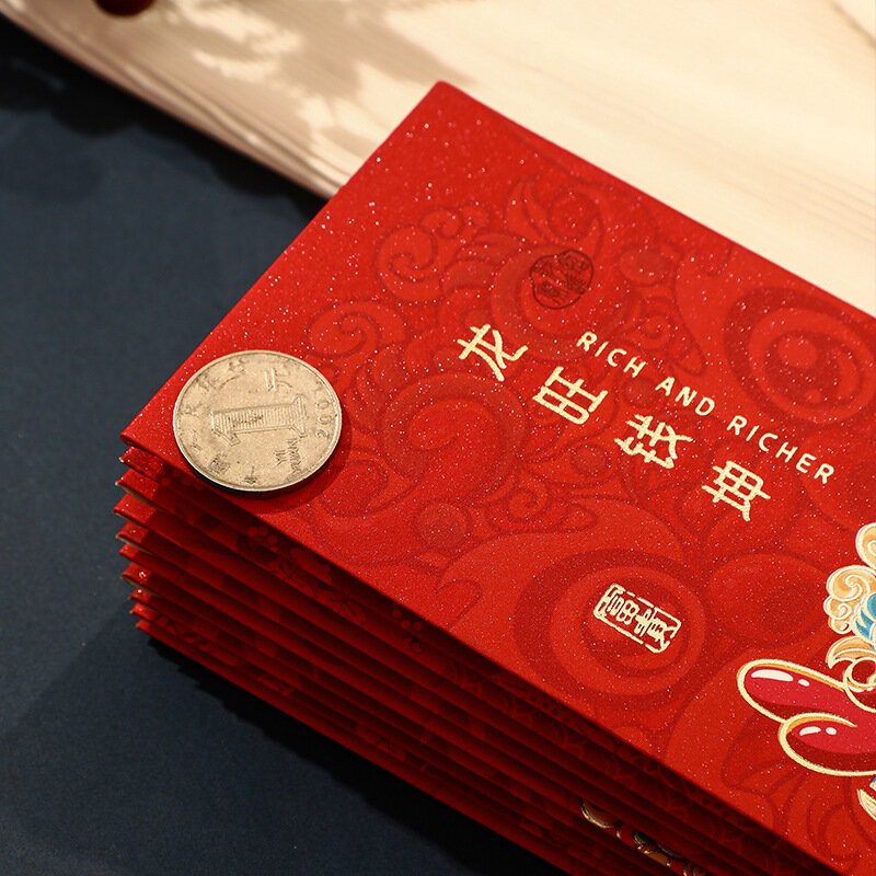 حزمة حمراء للسنة الصينية الجديدة ، مظاريف حمراء طويلة ، حقيبة حظ ، تصميم كرتون ، مهرجان الربيع ، 6 ، حزمة ،