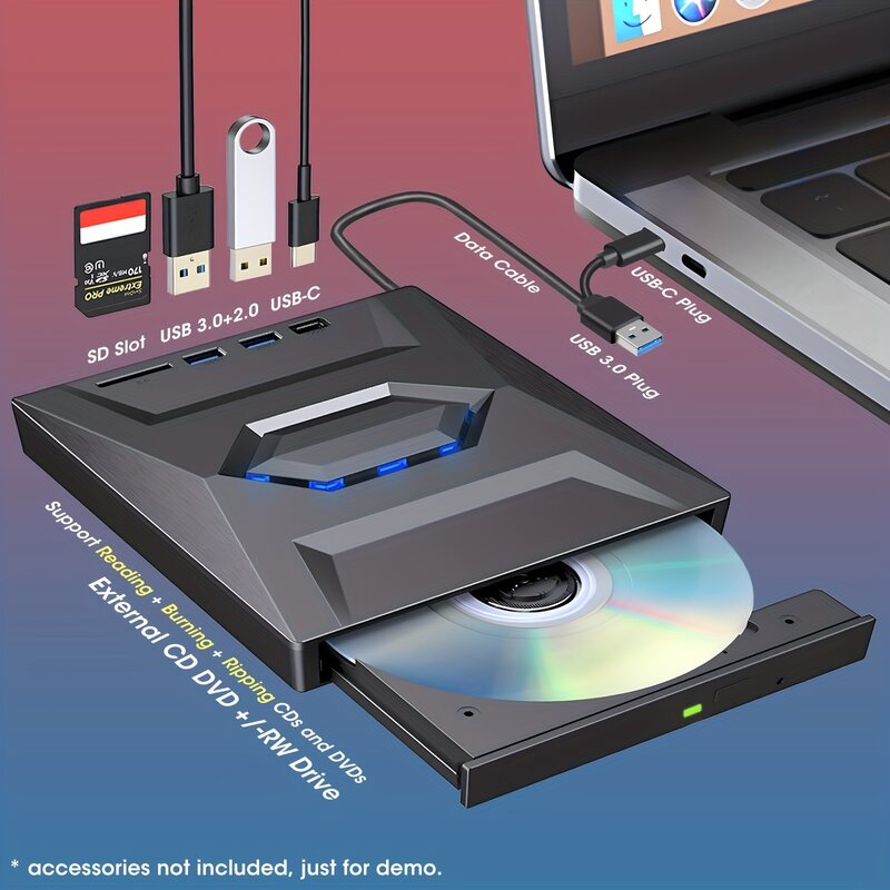 DVD RW eksternal USB 3.0 Tipe C, CD DVD RW Drive optik DVD Burner DVD Writer Drive Super untuk laptop/Desktop