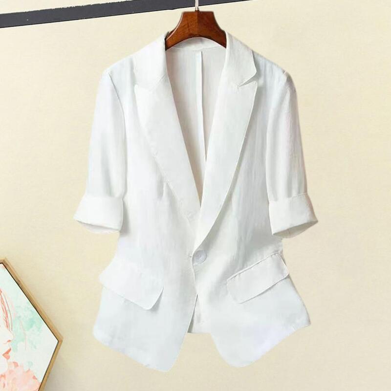 Women Lapel Stylish Women's Lapel Button Jacket for Office Commuting Casual Loose Coat with Three-quarter Sleeves Thin Summer