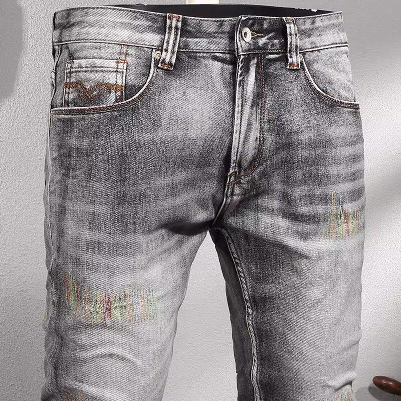 Fashion Designer Men Jeans High Quality Retro Black Gray Stretch Slim Fit Ripped Jeans Men Embroidery Vintage Denim Pants Hombre