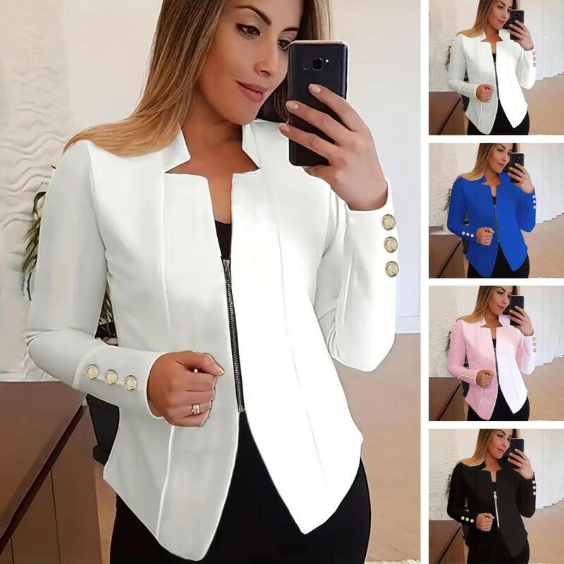 Jaqueta feminina slim fit de terno de negócios, casaco casual, gola entalhada, zíper, monocromática, roupa profissional
