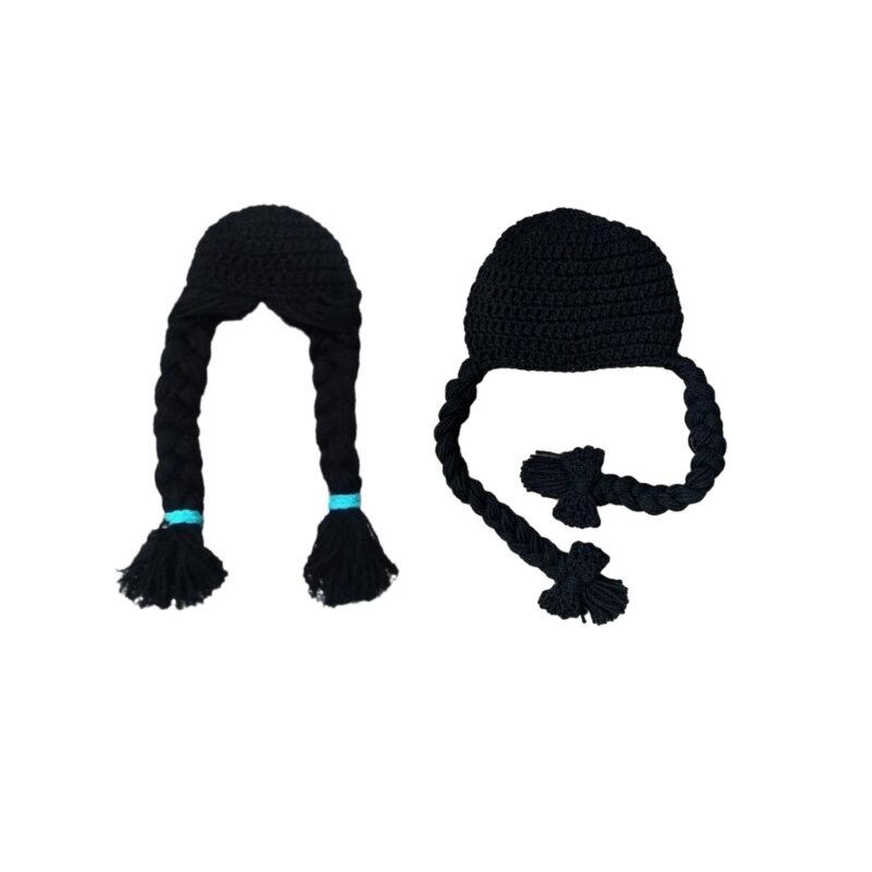 K1MA Parrucca lavorata a maglia per bambini Cappello fatto a mano per bambini Doppie trecce Berretto per maglieria in lana Moda