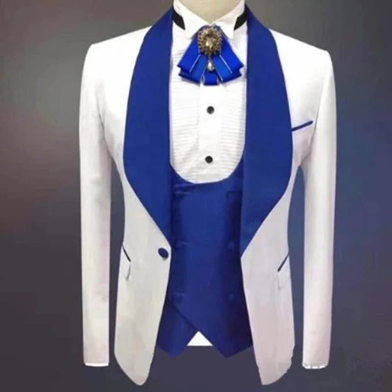 Weiße Hochzeits anzüge für Bräutigam mit goldenem Schal Revers 3 Stück benutzer definierte Slim Fit Herren anzüge Set Jacke Weste Hose