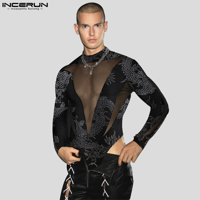 Men Bodysuits Print Mesh Patchwork O-neck Long Sleeve Streetwear Male Rompers Transparent 2023 Sexy Fashion Bodysuit INCERUN