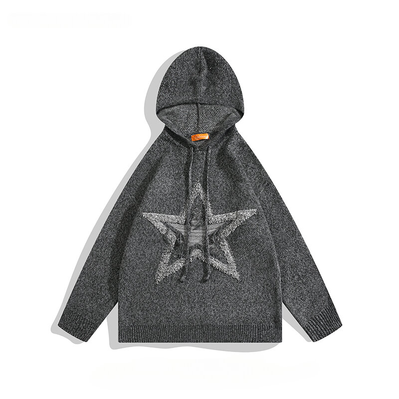 Autumn Winter American Retro Star Embroidery Hooded Knitted Sweaters for Men/Women Student High-end Personalized Pullovers Tops