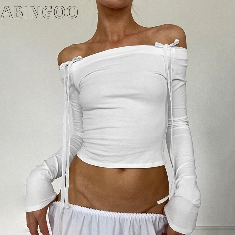 ABINGOO-Camiseta de manga larga para mujer, Top Sexy con lazo y hombros descubiertos, color blanco, Y2K
