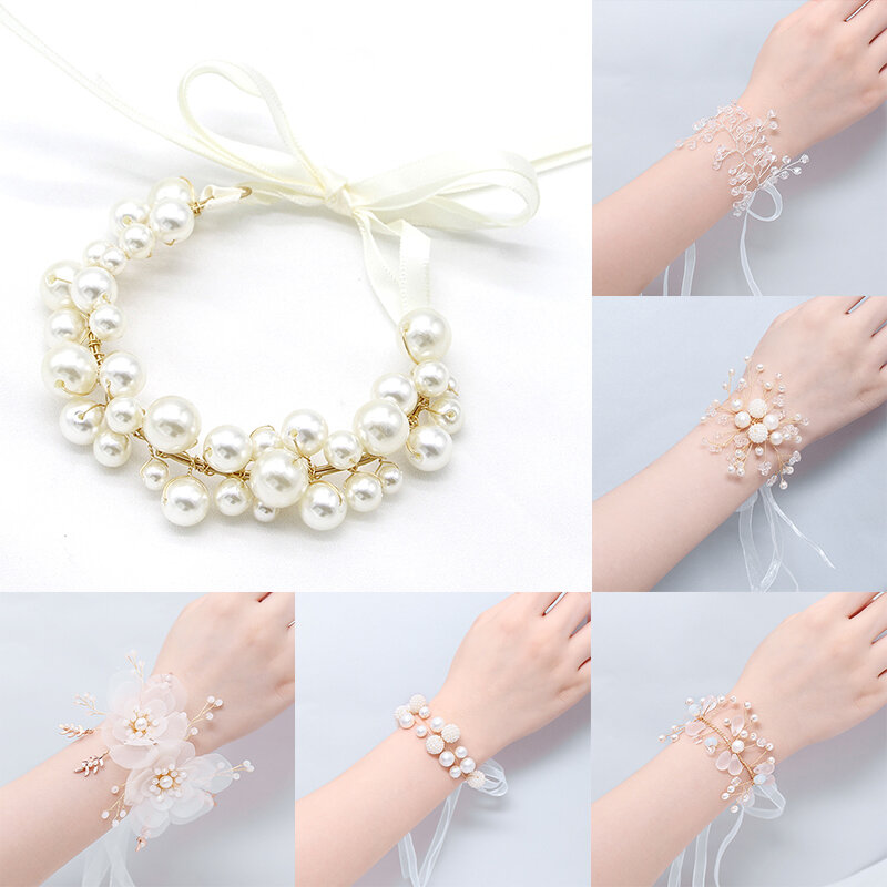 White Lace Wrist Corsage Bridesmaid Pearl Hand Flower Bracelet Artificial Bride Flowers For Wedding Dancing Party Decor Bridal