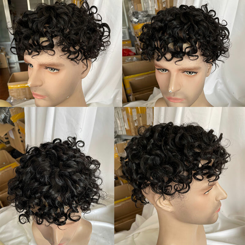15MM Curly Toupee Durable Mono Baes Men's Wig Human Hair Piece Replacement System For Men 10x8inch 1B Black Color