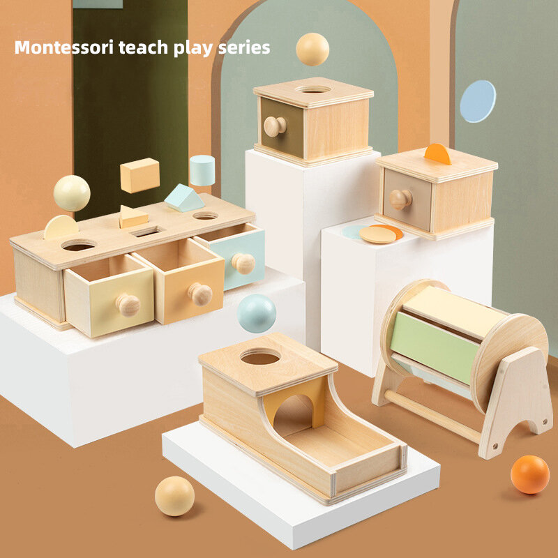 Puxida-juguetes Montessori de madera, caja de monedas de Color macarrón, caja de bolas, caja de permanencia de objetos, juguetes para niños pequeños de 8 a 24 meses