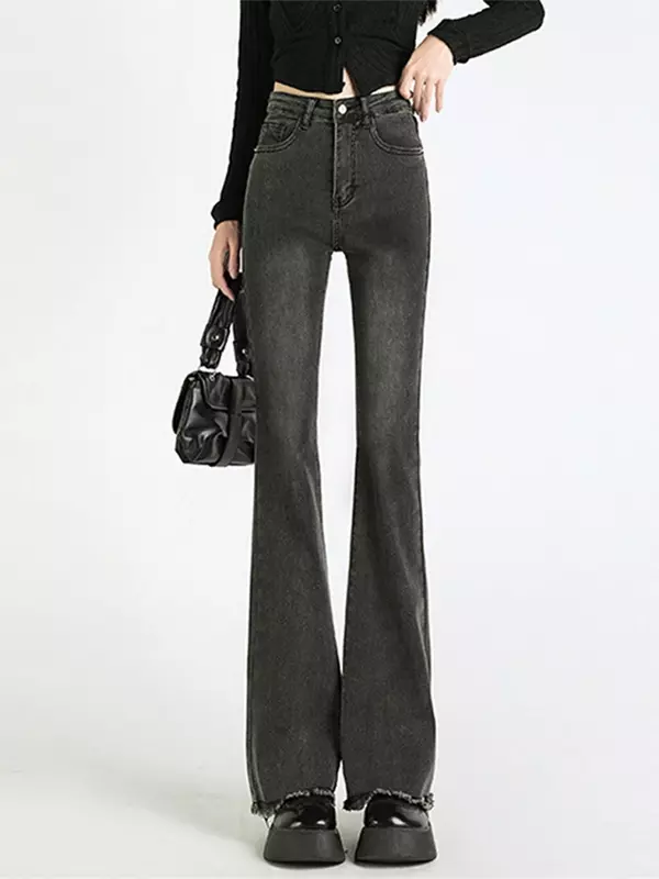 Женские расклешенные джинсы, весна-осень 2024, винтажные модные повседневные Простые свободные брюки с высокой талией и широкими штанинами, женские драпированные джинсовые брюки