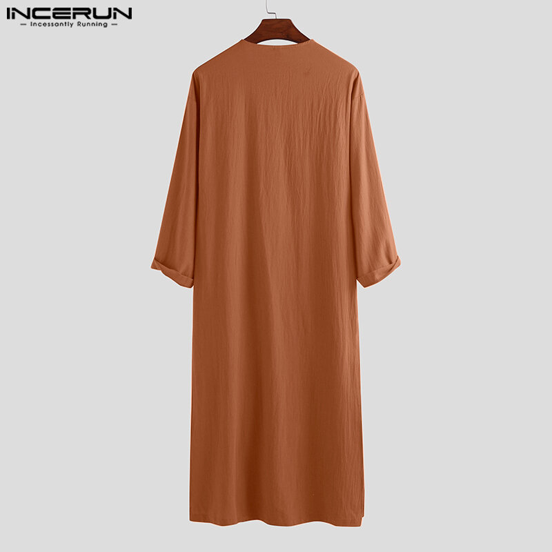 INCERUN 2023 męskie styl muzułmański szlafrok stojak na szyję, solidna, dopasowana, prosta, z wieloma guzikami S-5XL szlafrok z długim rękawem w długim stylu