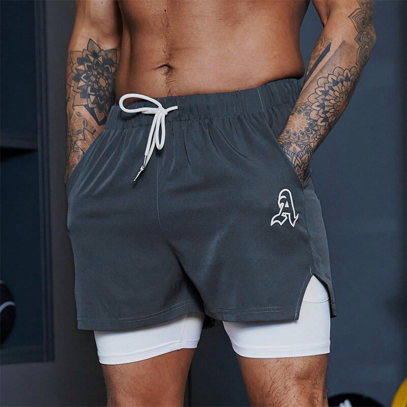 Pantalones cortos deportivos de secado rápido para hombre, 2 en 1, doble capa, informales, transpirables, entrenamiento Fitness, Verano