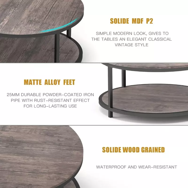 Круглый журнальный столик, 36-дюймовый журнальный столик для гостиной, двухуровневый деревенский деревянный стол с полкой для хранения, современный дизайн, домашняя мебель