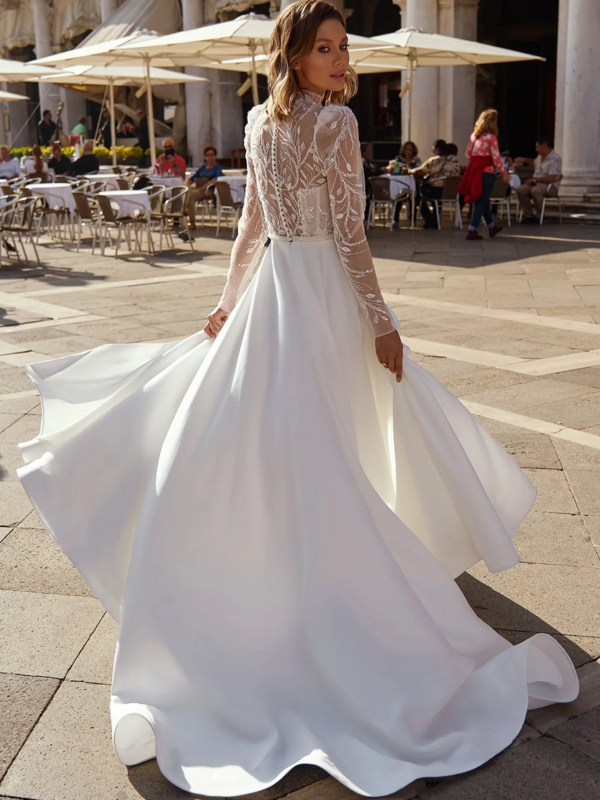 Elegante vestido de noiva em linha para mulheres, renda ilusionista, aplique frisado, mangas compridas, cabeçada, fenda lateral alta, personalizada, 2024
