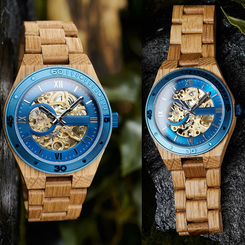 Męskie drewniane drewniane zegarek Skeleton mechaniczne zegarki lekkie męskie naturalnie drewniane pasek zegarka