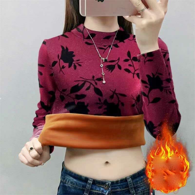 Elegant Stand Collar Printed All-match T-Shirt Women's Clothing 2023 Winter Loose Casual Tops Office Lady Warm Tee Shirt