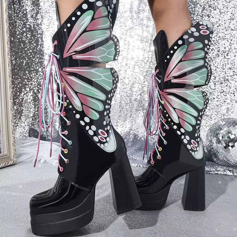 Kupu-kupu berwarna-warni Ninja CyberY2k sepatu bot seksi Goth Cosplay Plarform hak tinggi 2024 musim semi musim gugur pesta baru bot tinggi lutut wanita