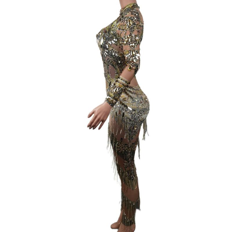 Sexy Sparkly Gold Rhinestones Sequins Jumpsuit Evening Birthday Celebrate Fringes Wedding Prom Party Photography Costume Wanxia
