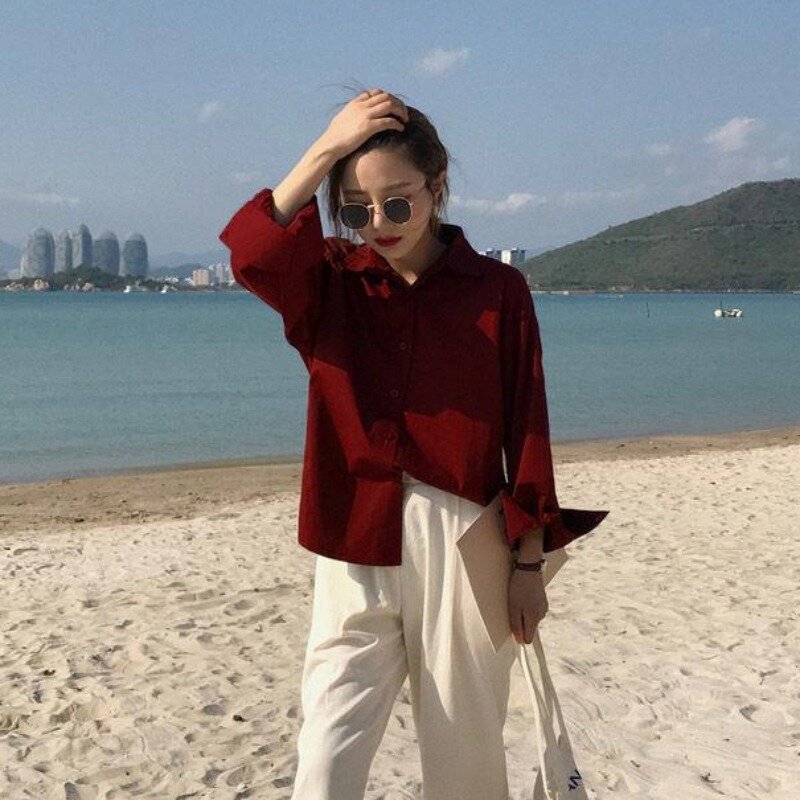 Solid Shirts Women Spring Girls Simple All-match Korean Fashion Baggy Retro Casual Lazy Style Trendy Streetwear Long Sleeve Cozy
