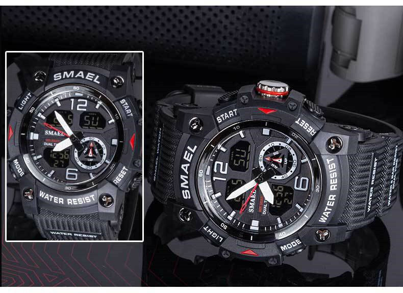 SMAEL-Reloj de pulsera de cuarzo para hombre, cronógrafo de pulsera deportivo, militar, con alarma, doble pantalla, electrónico, LED, resistente al agua