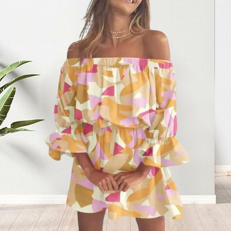 Printed Off-shoulder Gown Stylish Off Shoulder Ruffle Mini Dress for Women Elastic Waist Three Quarter Sleeve for Dating
