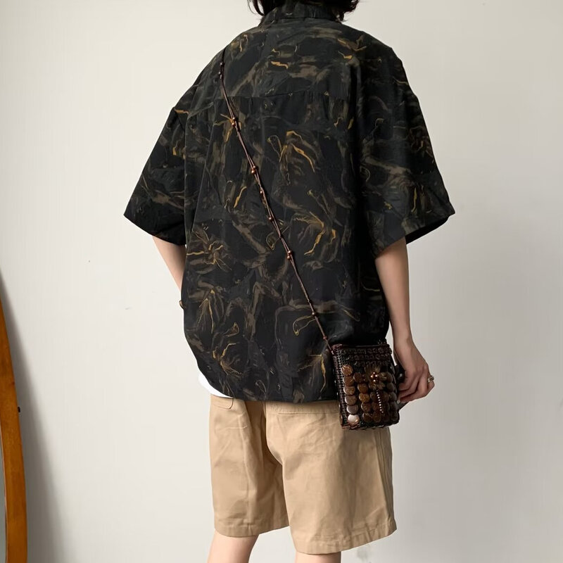 メンズ通気性シルクシャツ,ヴィンテージ,だぶだぶ,日本のハラジュクストリートウェア,10代の休暇,ビーチ,y2k,半袖