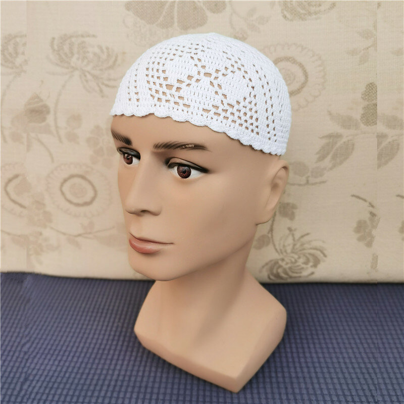 Novo Verão Branco Puro Handmade Hooked Oração Chapéu Oração dos homens da Arábia Saudita Branco Malha Chapéu Envolvido com Headband como BottomHat