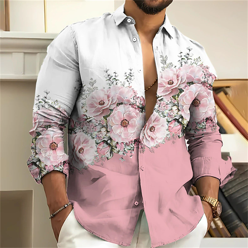 Kemeja pria lengan panjang, pakaian atasan kasual motif bunga 3D Pink untuk lelaki