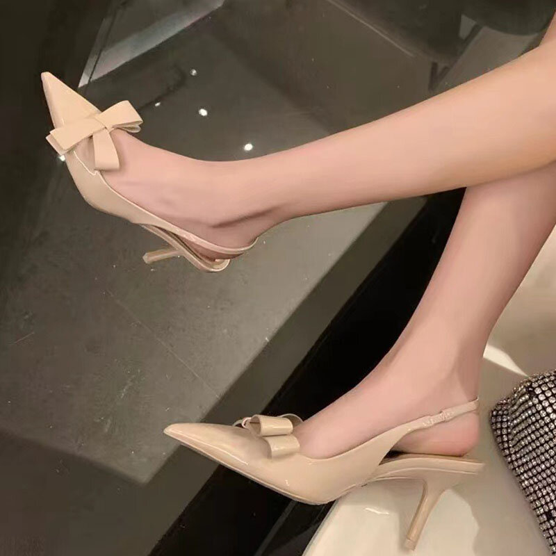 2024 Summer New Women's Shoes Beige Butterfly Dew Heel High Heel Muller Shoes Pointed Shallow Mouth Lacquer Leather Single Shoes