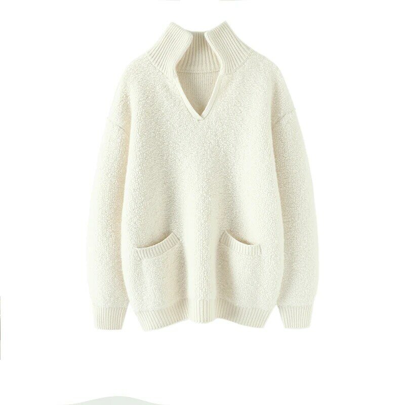Suéter holgado con cuello en V para mujer, ropa cálida de invierno, Tops blancos gruesos de Cachemira, moda coreana