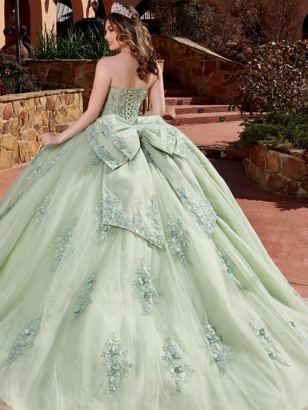 Gaun Prom manik-manik berkilau Quinceanrra gaun pesta dansa lengan panjang hijau elegan busur manis 16 gaun Vestidos